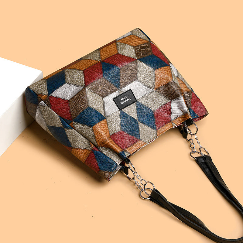 Retro Colorblock Tote Shoulder Bag