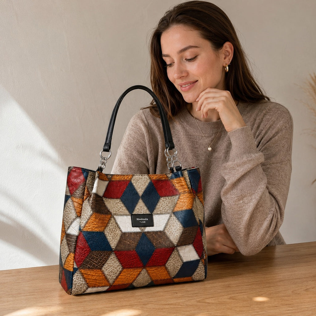 Retro Colorblock Tote Shoulder Bag