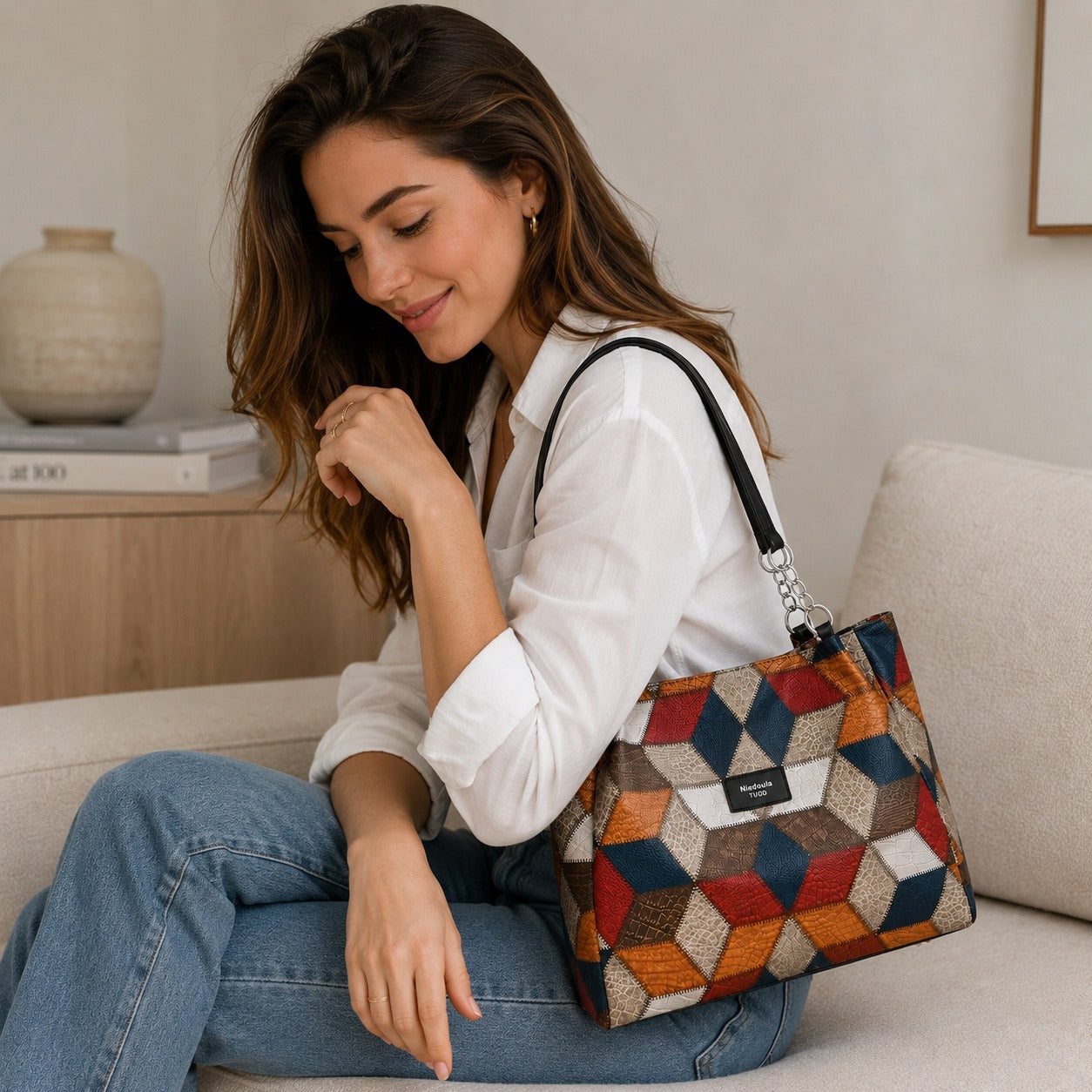 Retro Colorblock Tote Shoulder Bag